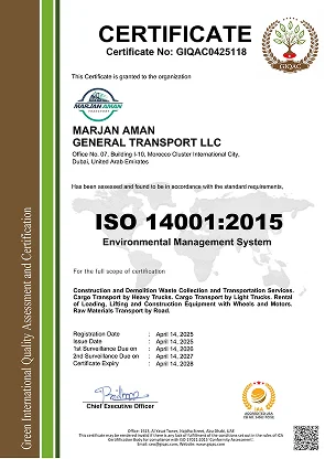ISO 14001:2015 Environmental Management System Certificate — Marjan Aman Transport Dubai UAE